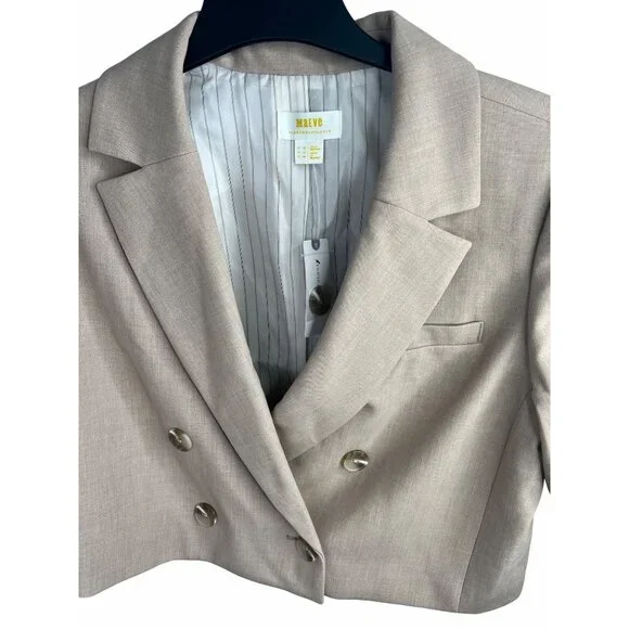 Anthropologie Maeve Beige Double-Breasted Cropped Blazer Short Sleeve Size US 14 - Picture 9 of 16
